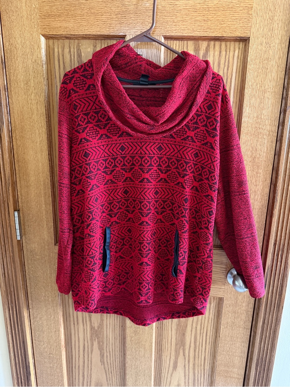 Style&Co Xl Cozy Red Patterned Cowl Neck Sweater with Front Pockets